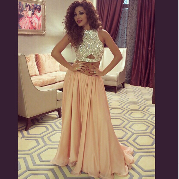 Elegant Myriam Fares Dresses , Two Pieces Chiffon Crystal Prom Dress ...